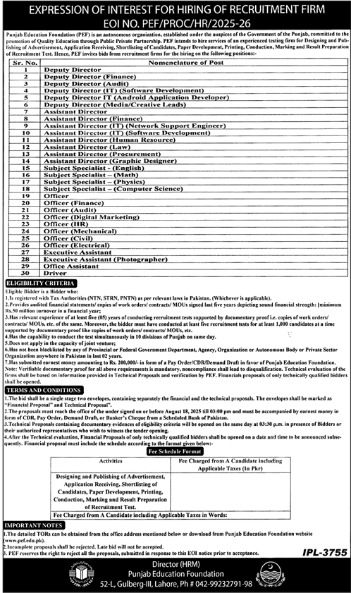 Punjab Education Foundation Lahore Tender Notice